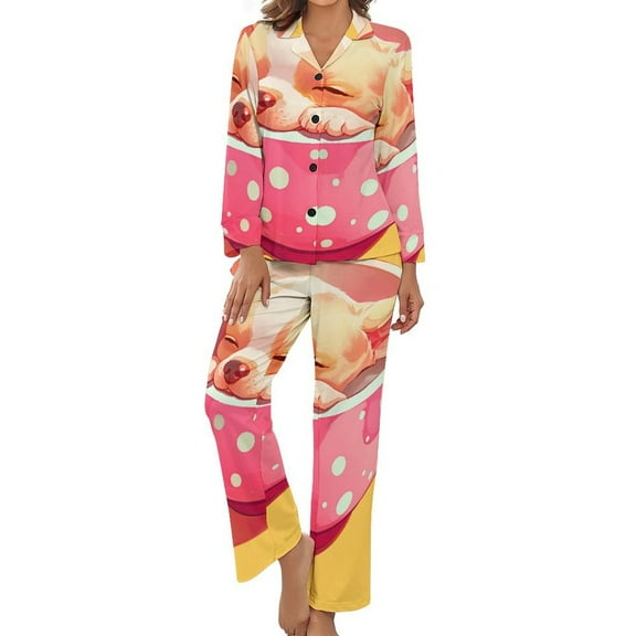 Cute Dog In Teacup Women's Long Sleeve Flannel Pajama Set Sleepwear S