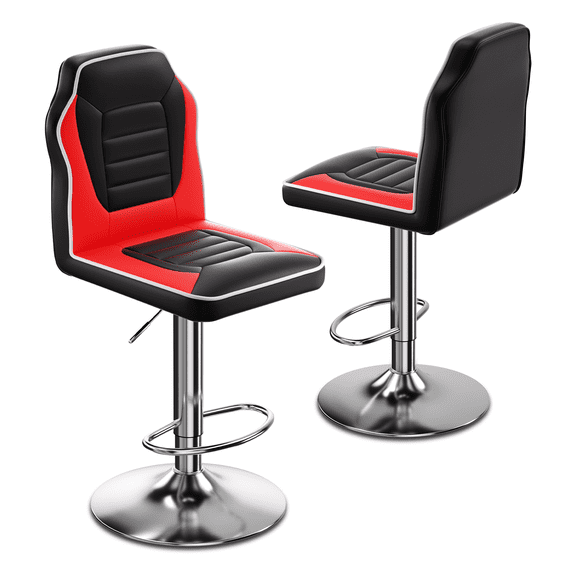 OSM 2-Pack Racing Style Bar Stools, Adjustable Height Swivel Gaming Chairs with High Back, Footrest & PU Leather, for Kitchen Island, Home Pub, Black/Red