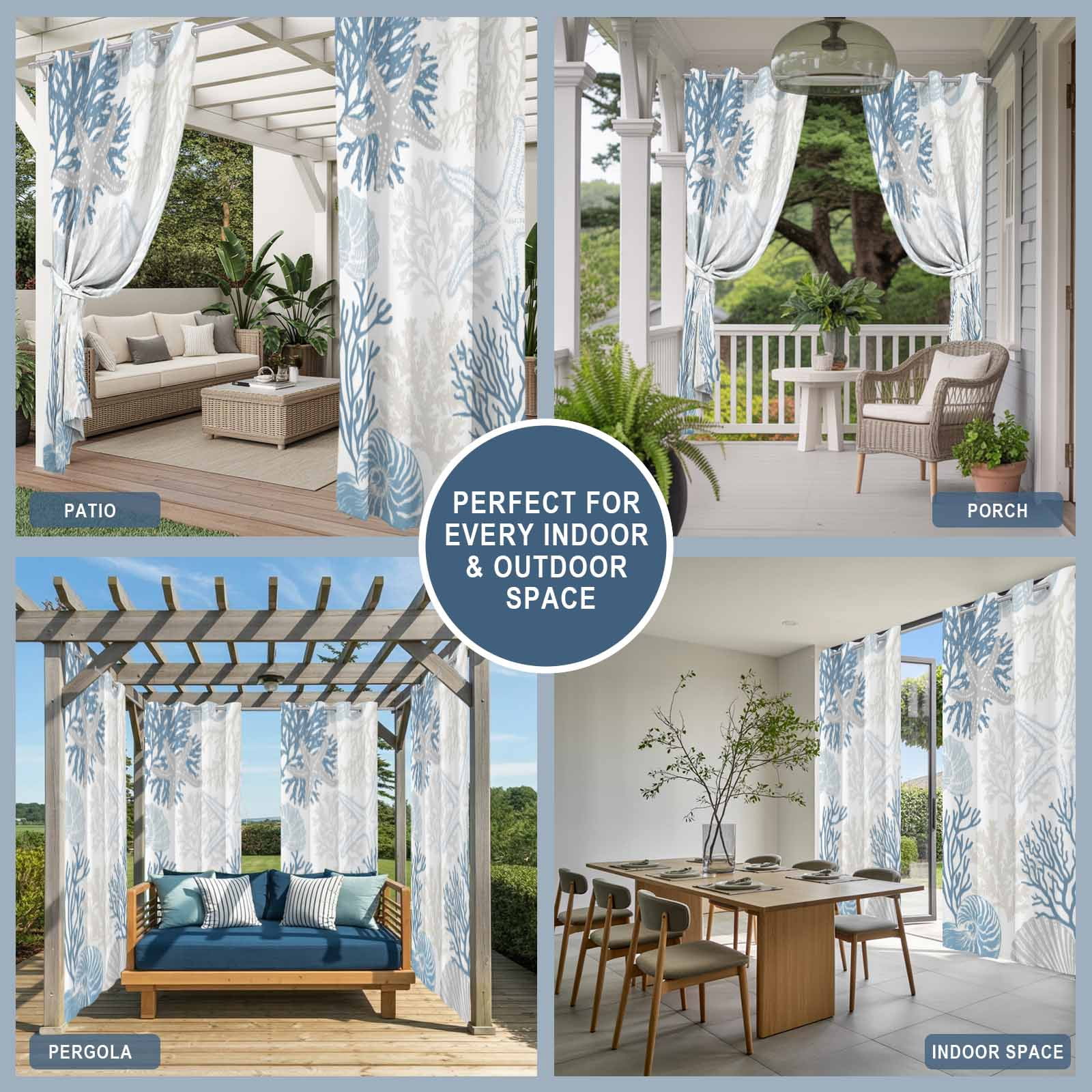 Summer Marine Life Outdoor Curtains for Patio, Graffiti Corals Gray Shell Sea Conch Starfish Sunshade Privacy Drapes Grommet Waterproof Outside Curtains for Porch/Cabana/Balcony 54"x 108", 1 Panel
