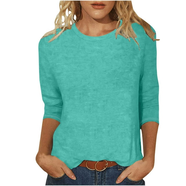 Admvng Blouses pour Femmes Chic Décontracté Col Rond Manches 3/4 T-shirt Ample Basique Hauts pour Femmes P-2TG