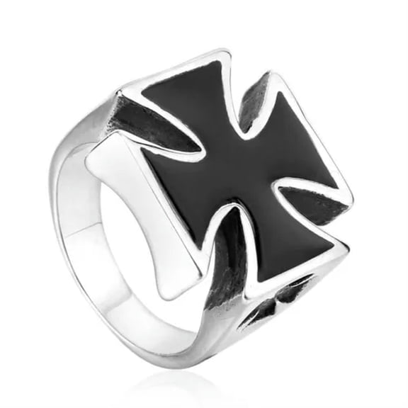 HOOUN Vintage Big Iron Cross Ring Stainless Steel Gothic Men's Biker Enamel Cross Ring-10