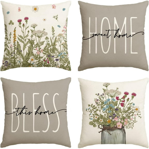 Fall Wildflowers Home Sweet Home Throw Pillow Covers, 20x20 Inch Autumn Seasonal Decorations for Home Set of 4, Grey