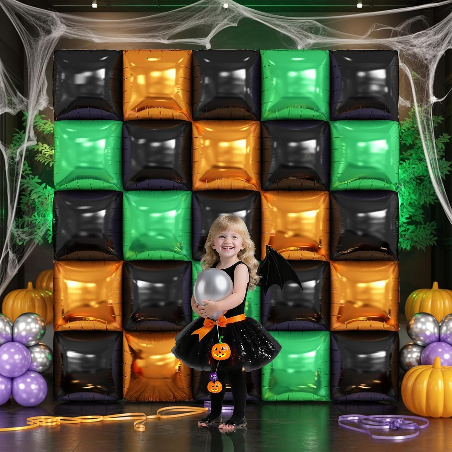 Black Orange Green Foil Balloon Wall,25Pcs Double Sided Balloons Backdrop Helium Polyester Balloon Tunnel Arch Garland Kit for Halloween Birthday Bridal Anniversary Baby Shower Party Decorations