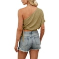 thumbnail image 5 of Women's One Shoulder Tops Short Sleeve Crop Top with Tie Side Textured Breathable Summer Blouse Khaki 2XL, 5 of 7