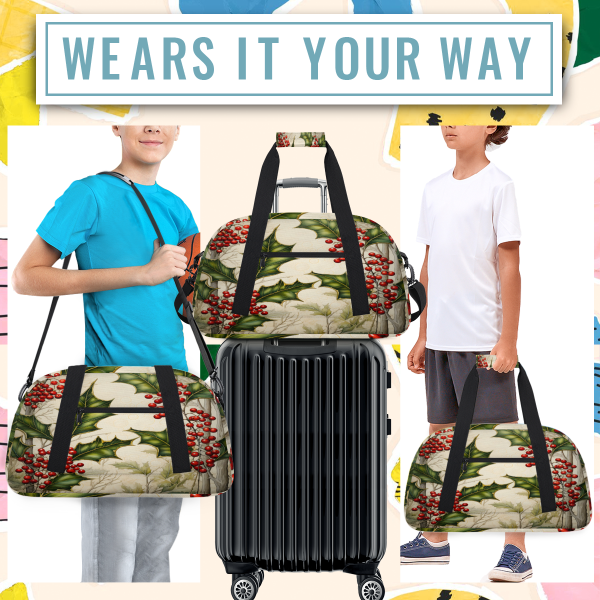 Herdesigns Christmas Sports Duffle Bag for Women & Men, Holly Berry Leaf Gym Bag Dance Bag Overnight Bag Carry On Weekender Travel Bag