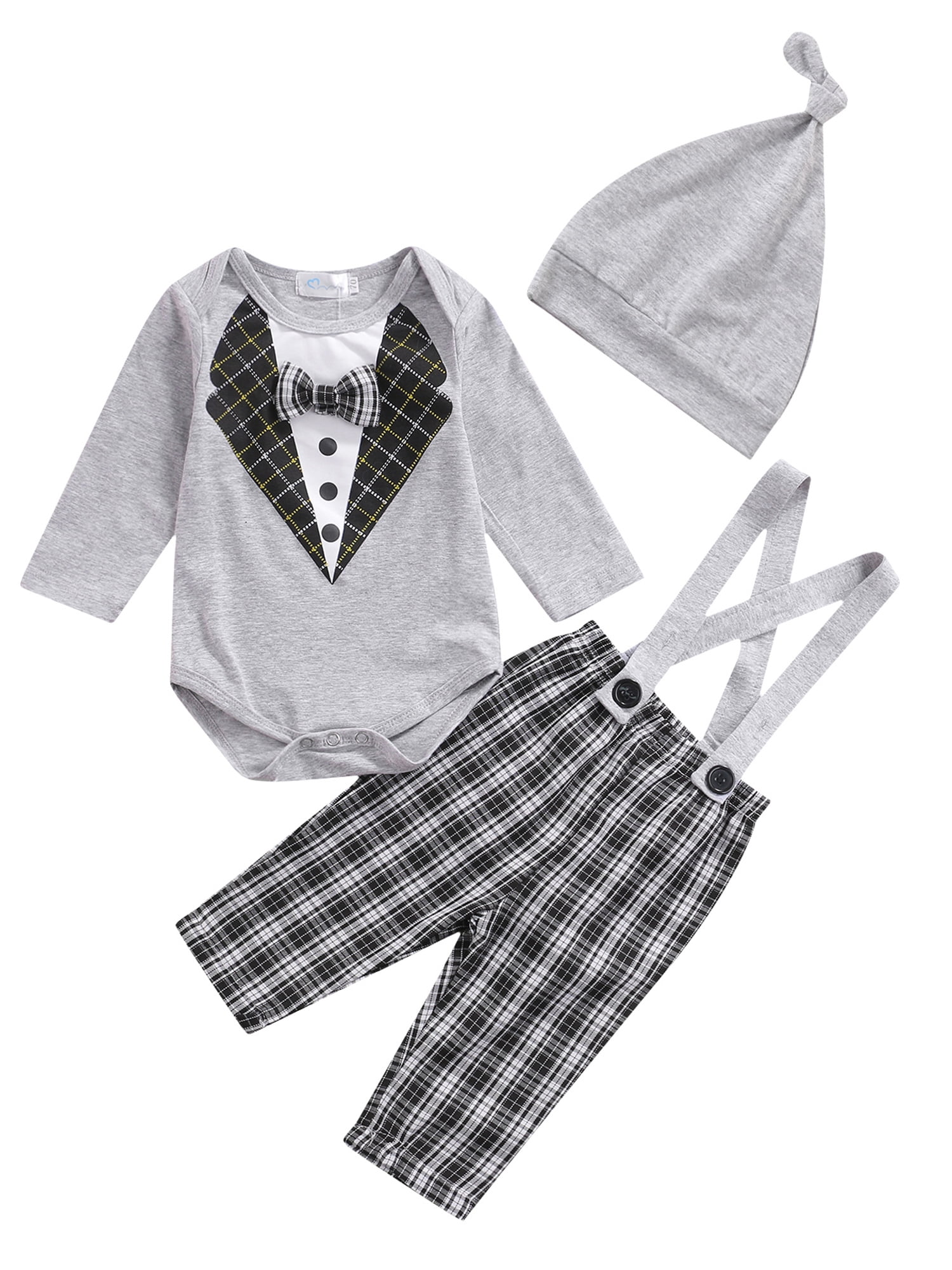Sunisery Christmas Infant Baby Boy Gentlemen Suits Bow Tie Long Sleeve Bodysuit Plaids Suspender