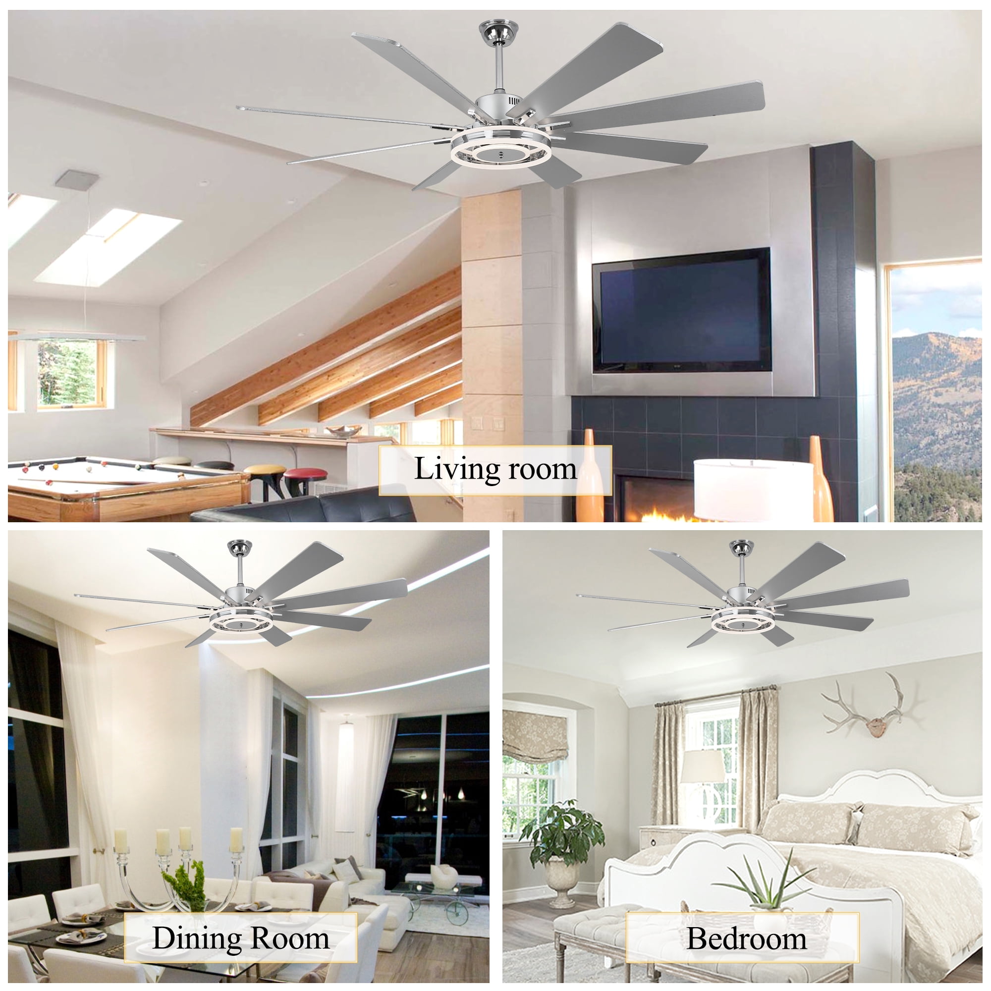 Chords Attic 72" Reversible 8-Blade Ceiling Fan with LED Lights, Remote 3-Color, 6-Speed and Timer