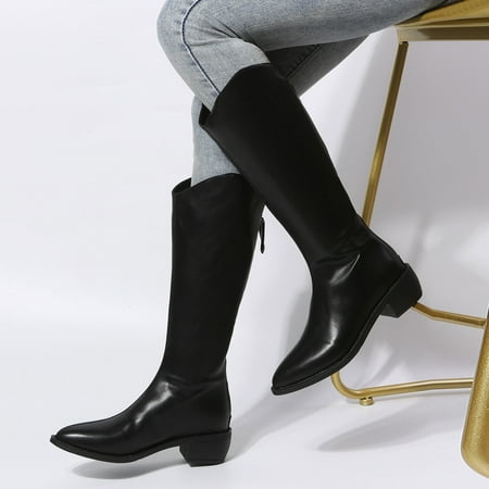 

Boots Ladies Fashion Solid Color Leather Pointed Toe Back Zip Thick Sole Long Boots