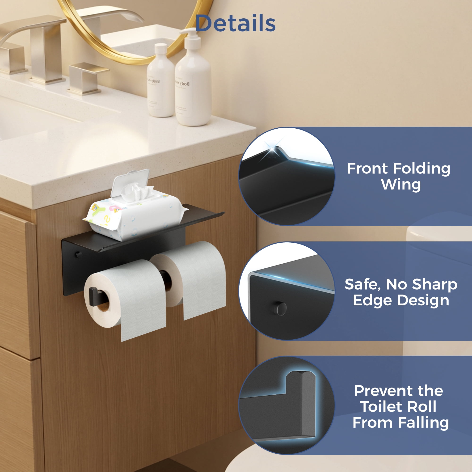 TVOFEK Wall Mounted Toilet Paper Holder with Shelf, Matte Black Stainless Steel Double Tissue Roll Holder Fits Mega Rolls for Bathroom Kitchen RV