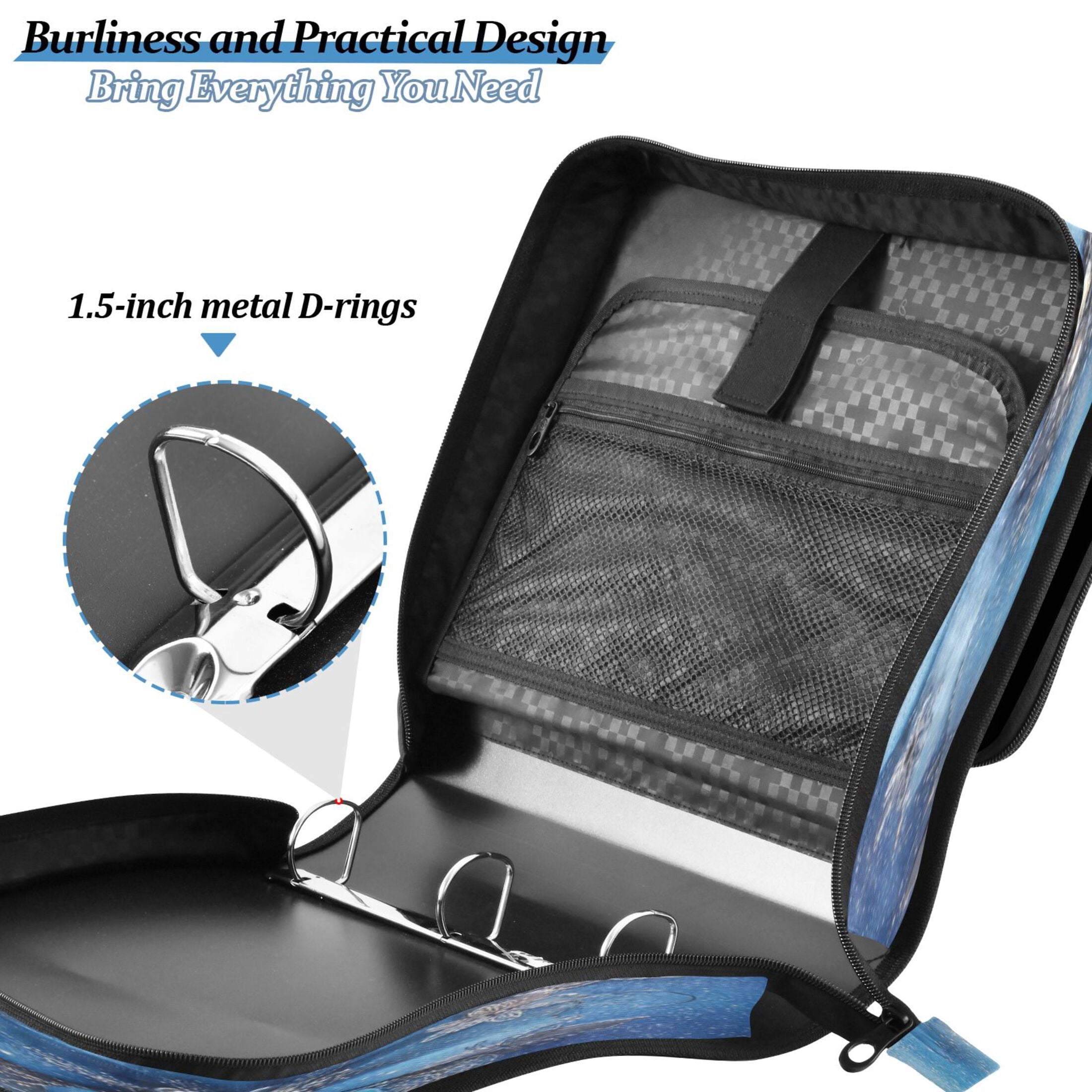 Water-Resistant 3-Ring Binder Organizer with Multiple Pockets Zipper Binder Bag for Office Three Large Blue Flowers