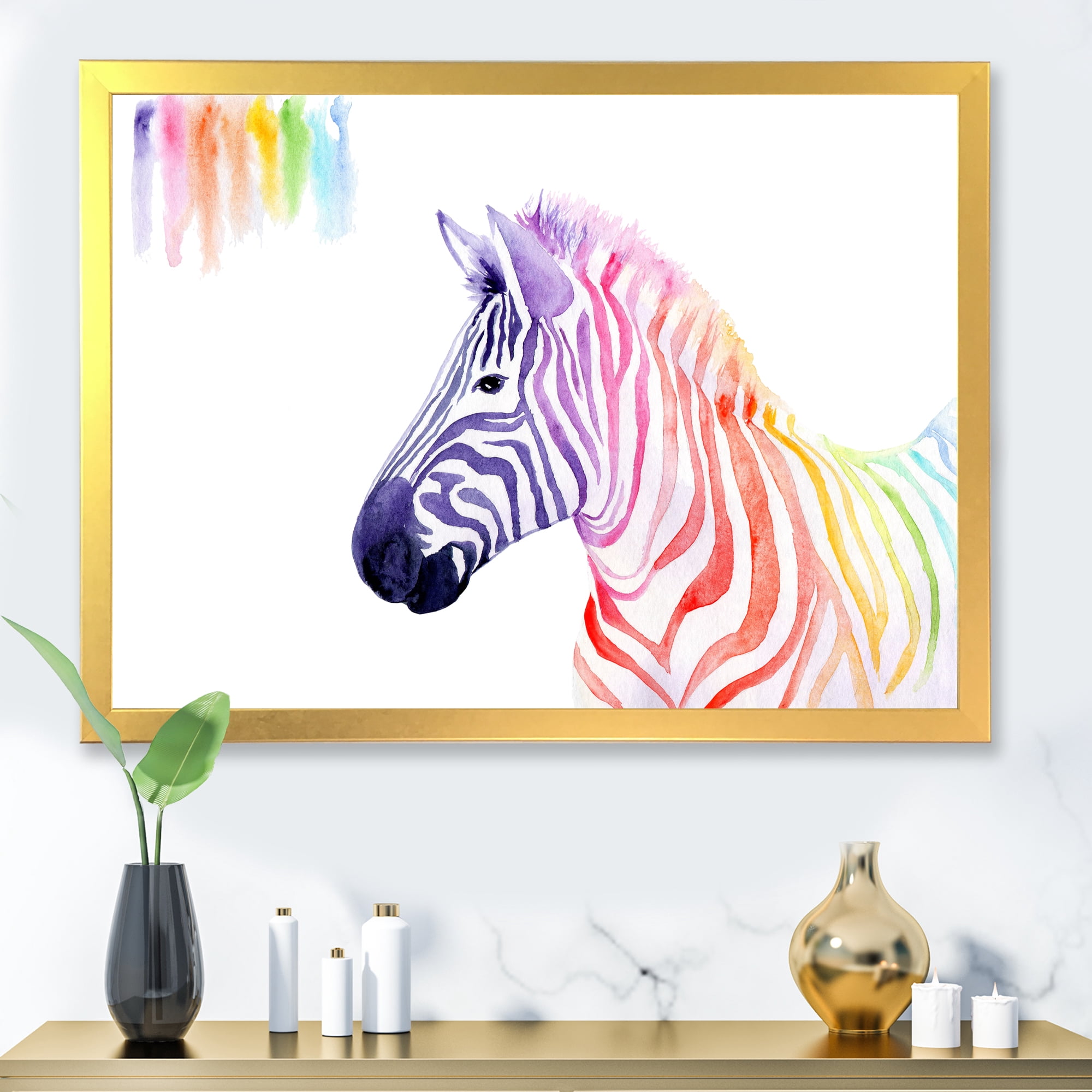 Designart 'Portrait of Rainbow Zebra On White' Farmhouse Framed Art Print
