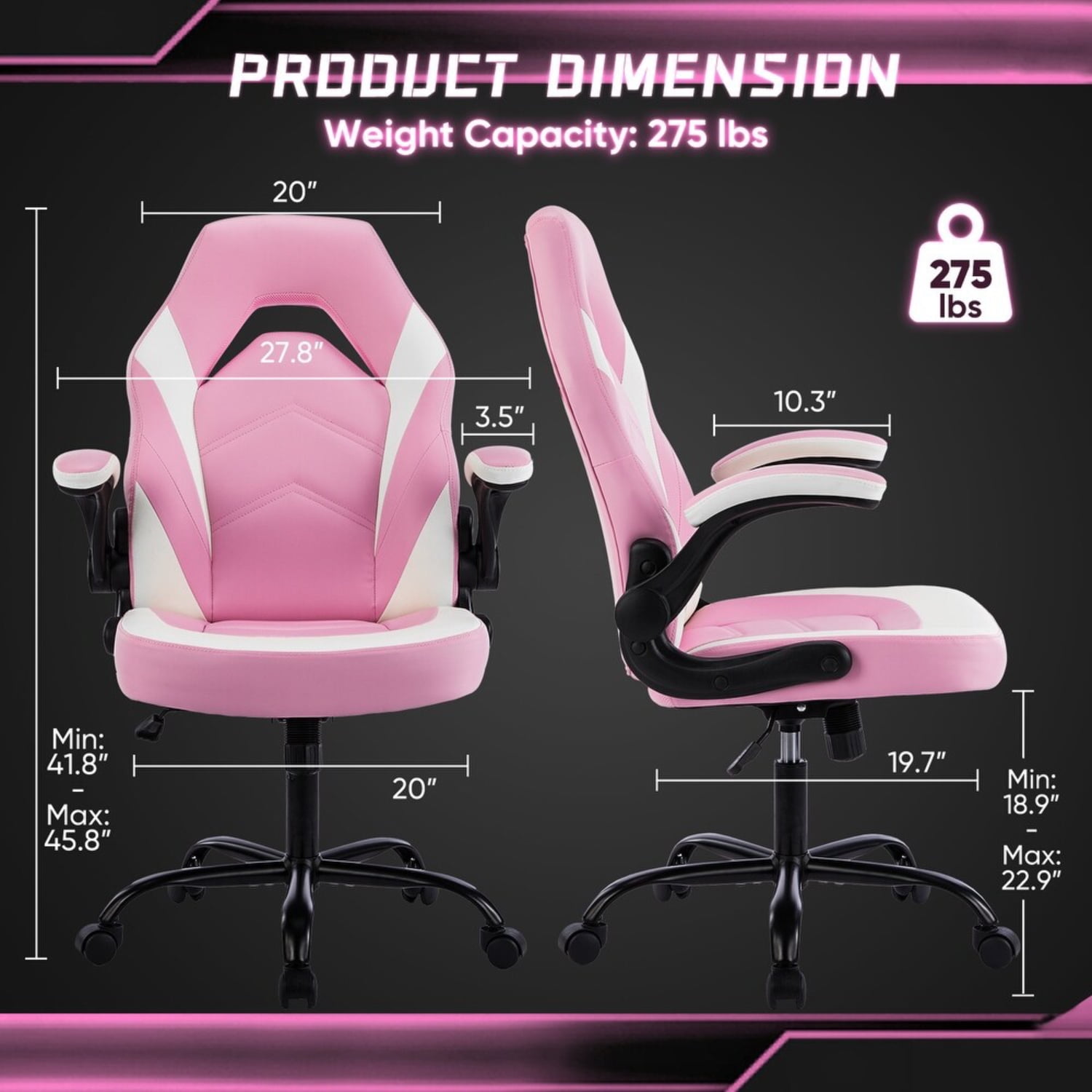 Ergonomic Gaming Chair, High Back PU Leather Computer Desk Chair with Lumbar Support, Flip-up Armrests & Adjustable Height, Pink White