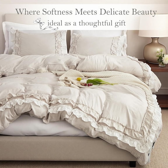 Beige Duvet Cover Set Queen Ruffle Bedding Set Pleat Ruffled Shabby Chic Comforter Cover Extra Soft & Easy Care White Boho Duvet Cover with Zipper Closure