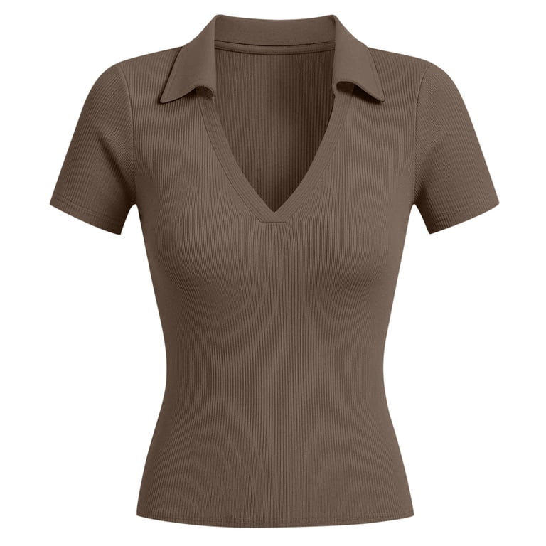 Daznico Women's Collared V Neck Ribbed Knit Polo Shirt Short