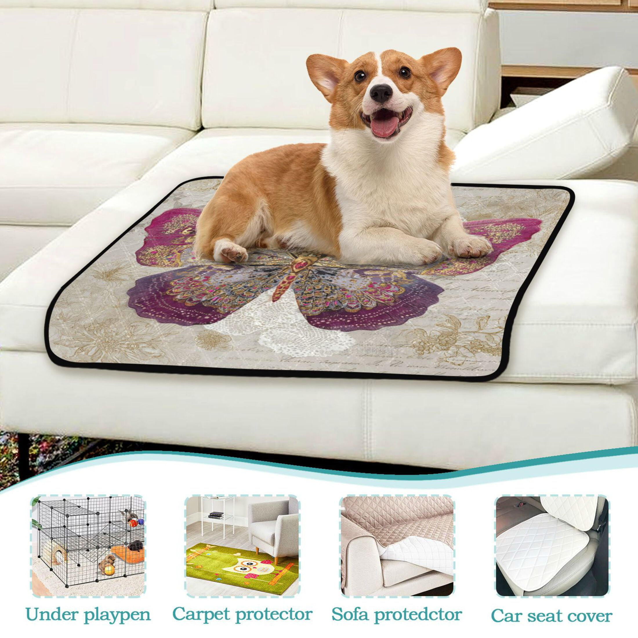 Qxltty Dreamy Butterfly Cat litter Pads Pet Set of 3 Diaper Mats Center Anti-leakage Layer Absorbent Soft and Comfortable
