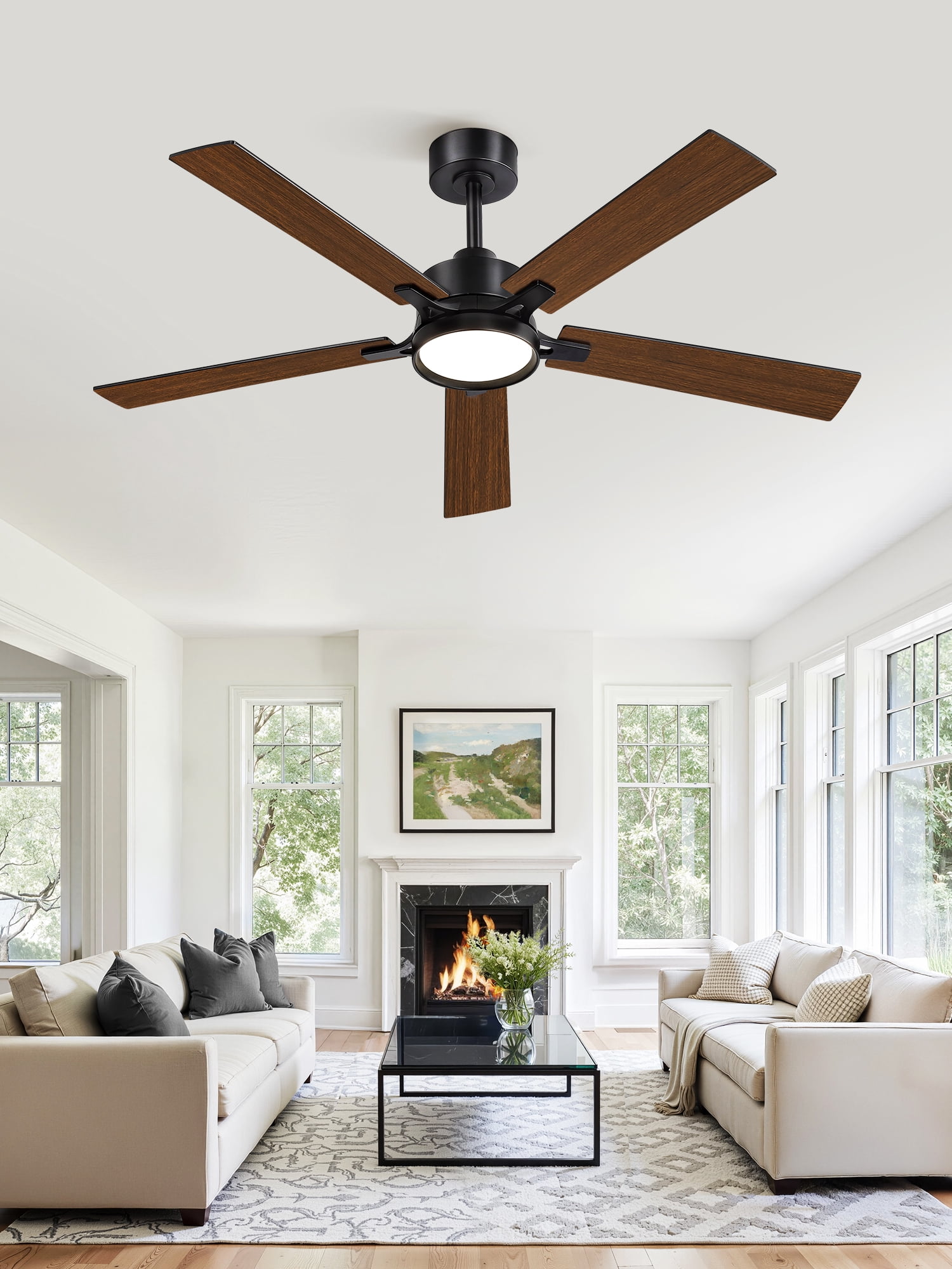 Lokivas 52in Modern Ceiling Fans with Light and Remote, 6 Speed Reversible DC Motor, Downrod Design for Bedroom, Living Room, Black