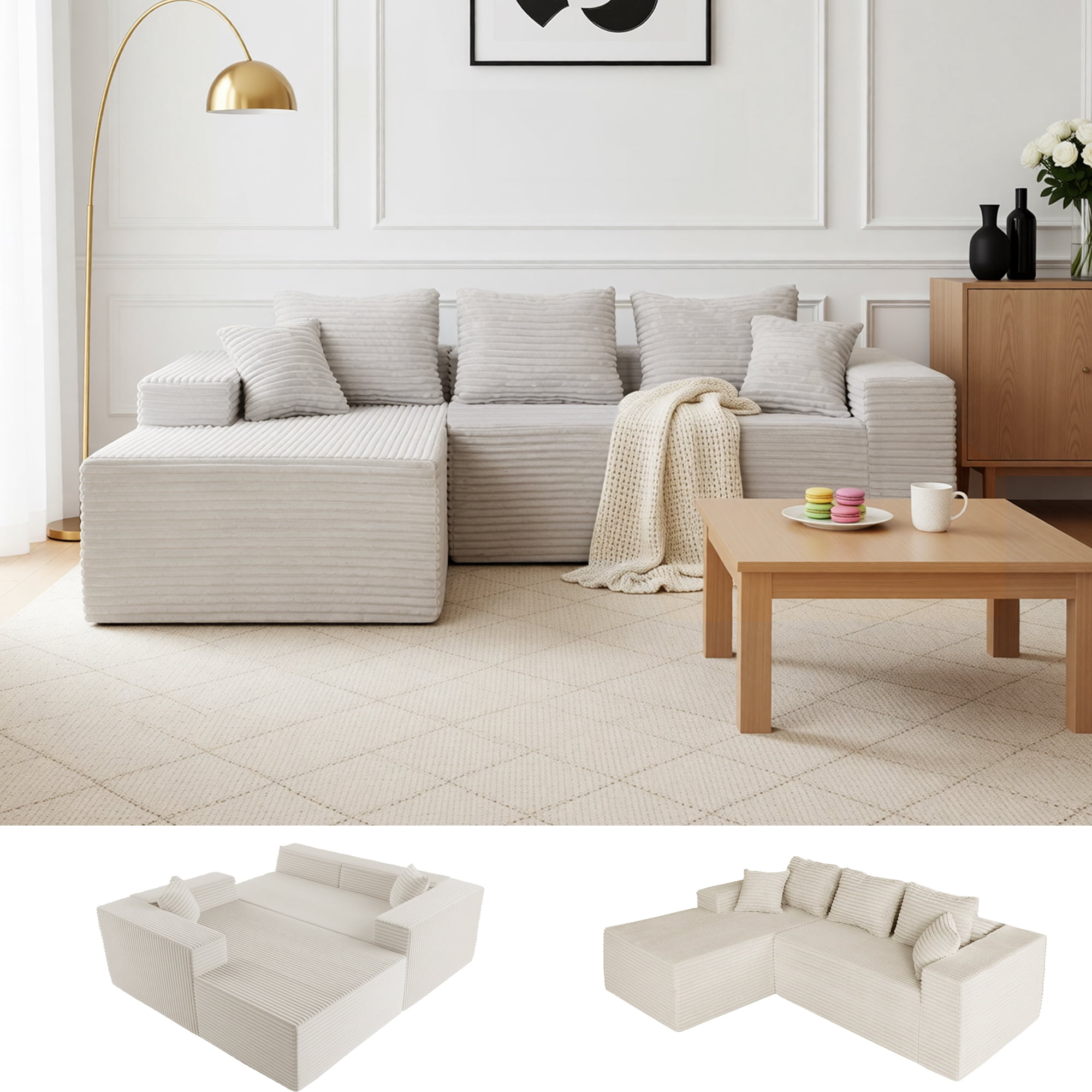 94" Sectional Sofa with Lounge, L-Shape Living Room Cloud Modular Convertible Sleeper Sofa, Corduroy Couch Deep Seat Sleeper Set,Bedroom Reversible Sofa W/Pillows,Beige,Left