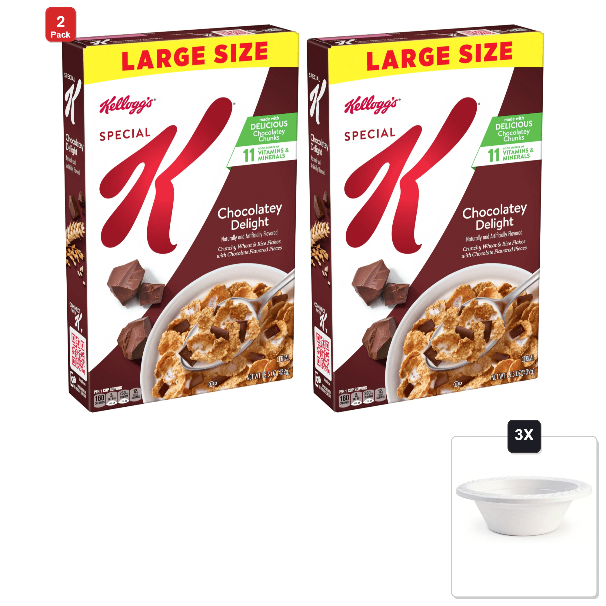 2 Pack | Kelloggs Special K Breakfast Cereal, Large Size, Chocolatey Delight, 15.5 oz & 3x 12oz Disposable Plastic Bowl