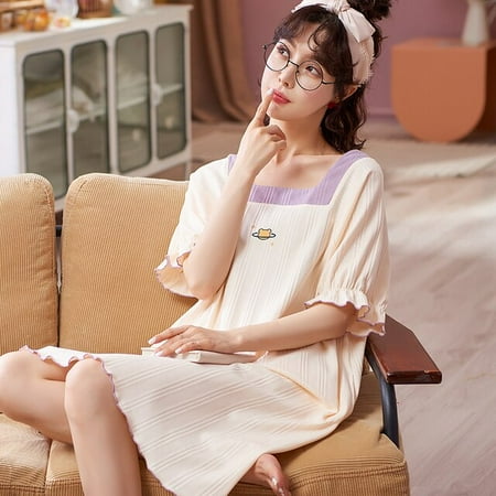 

DanceeMangoo Summer Short Sleeve Cotton Nightgowns for Women Korean Fashion Short Loose NightDress Sleepwear Nightdress Homewear Dress