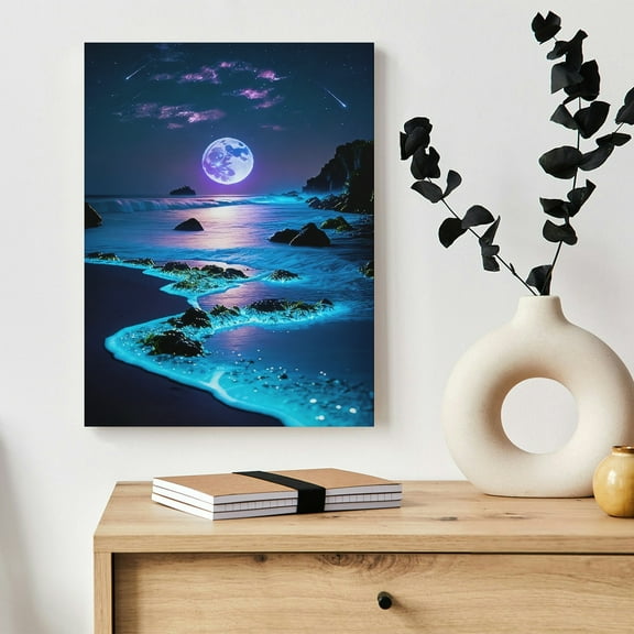 Hidden Frame Canvas Wall Art - Purple Moon Glowing Beach Dreamy Cozy Ambience Popular Wall Decor for Living Room 16x24in