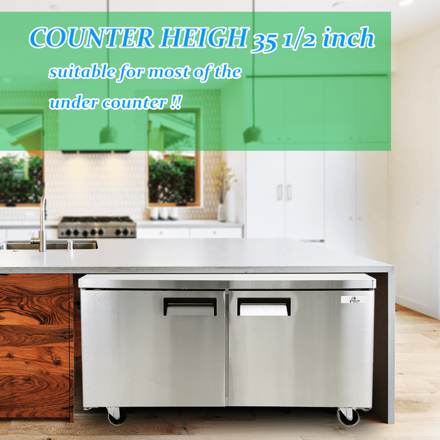 Cooler Depot 60 inch 9.55 cu.ft, 35 1/2" heigh Commercial Undercounter  refrigerator, 2 Solid Doors, Stainless steel exterior, NSF certified.