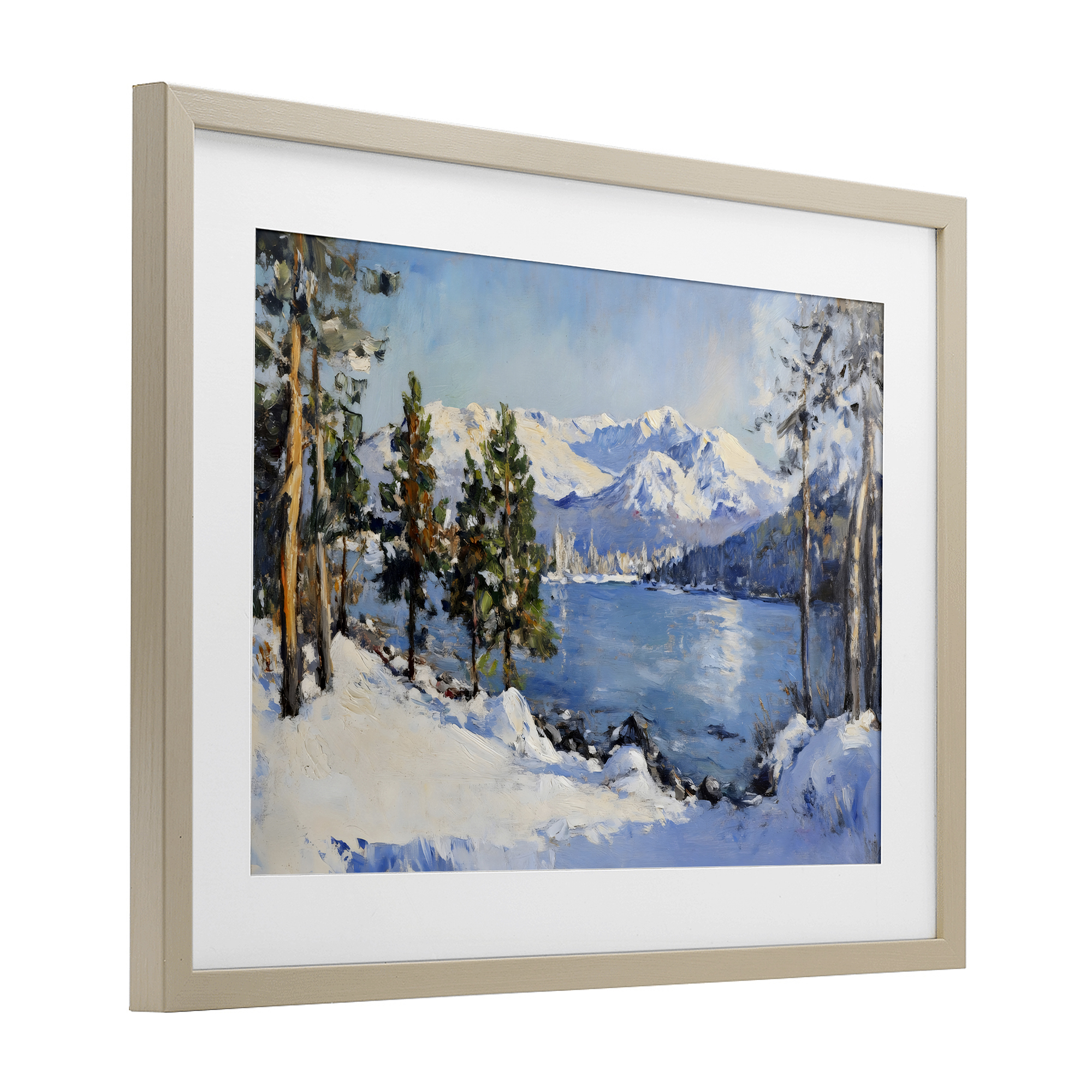 Winter Mountain Lake Birch Framed Print Under Glass, design by Petal Prints Design