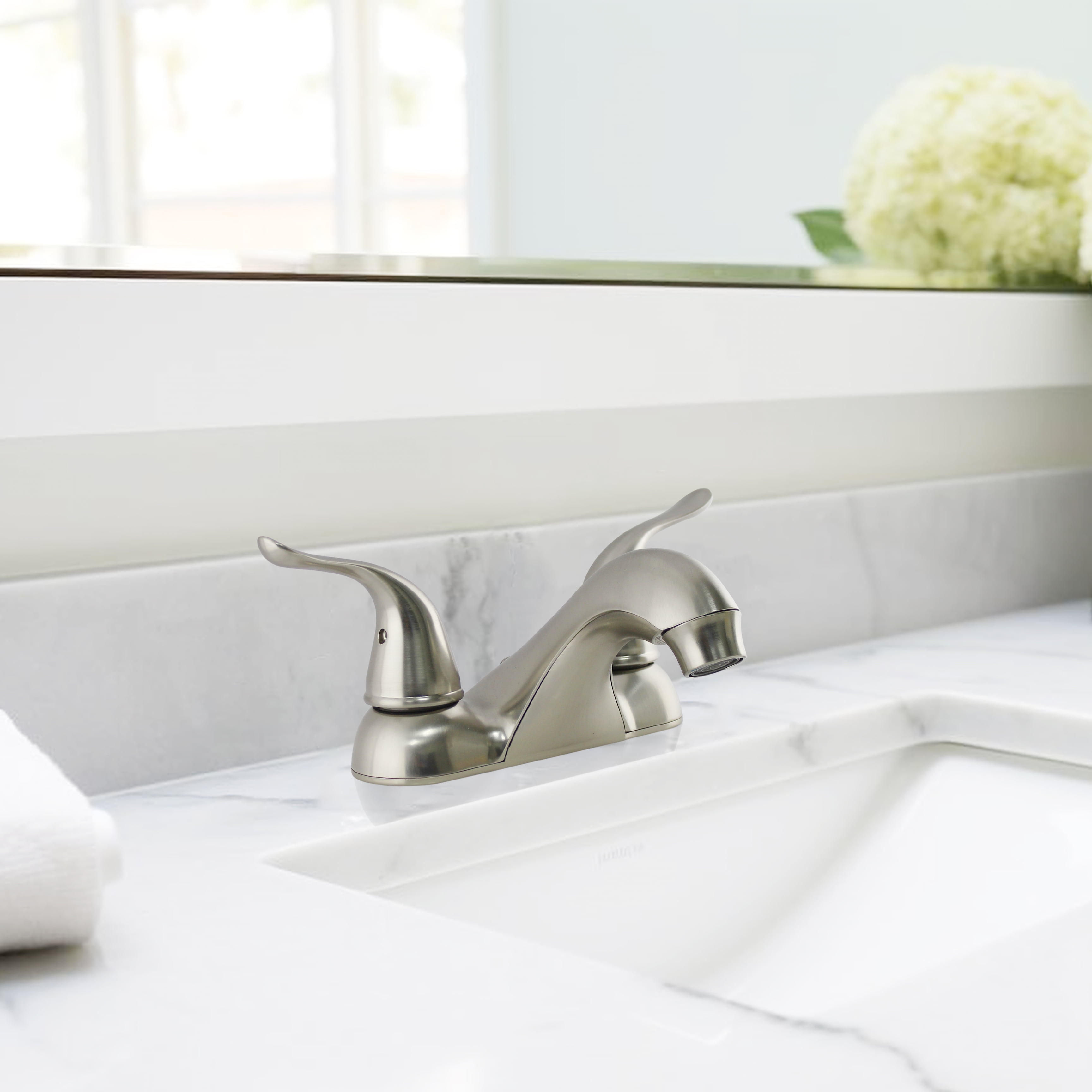 Mainstays 4-inch Centerset Bathroom Faucet with Push Pop-up, Dual Handle, Satin Nickel