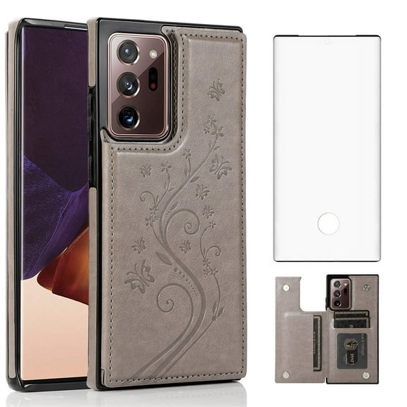 Asuwish Compatible with Samsung Galaxy Note 20 Ultra 5G Wallet Phone Case Screen Protector and Flower Card Holder Stand Cell Cover for Note20 Plus Notes 20Ultra Note20 U 20 Twenty Not S20 Grey