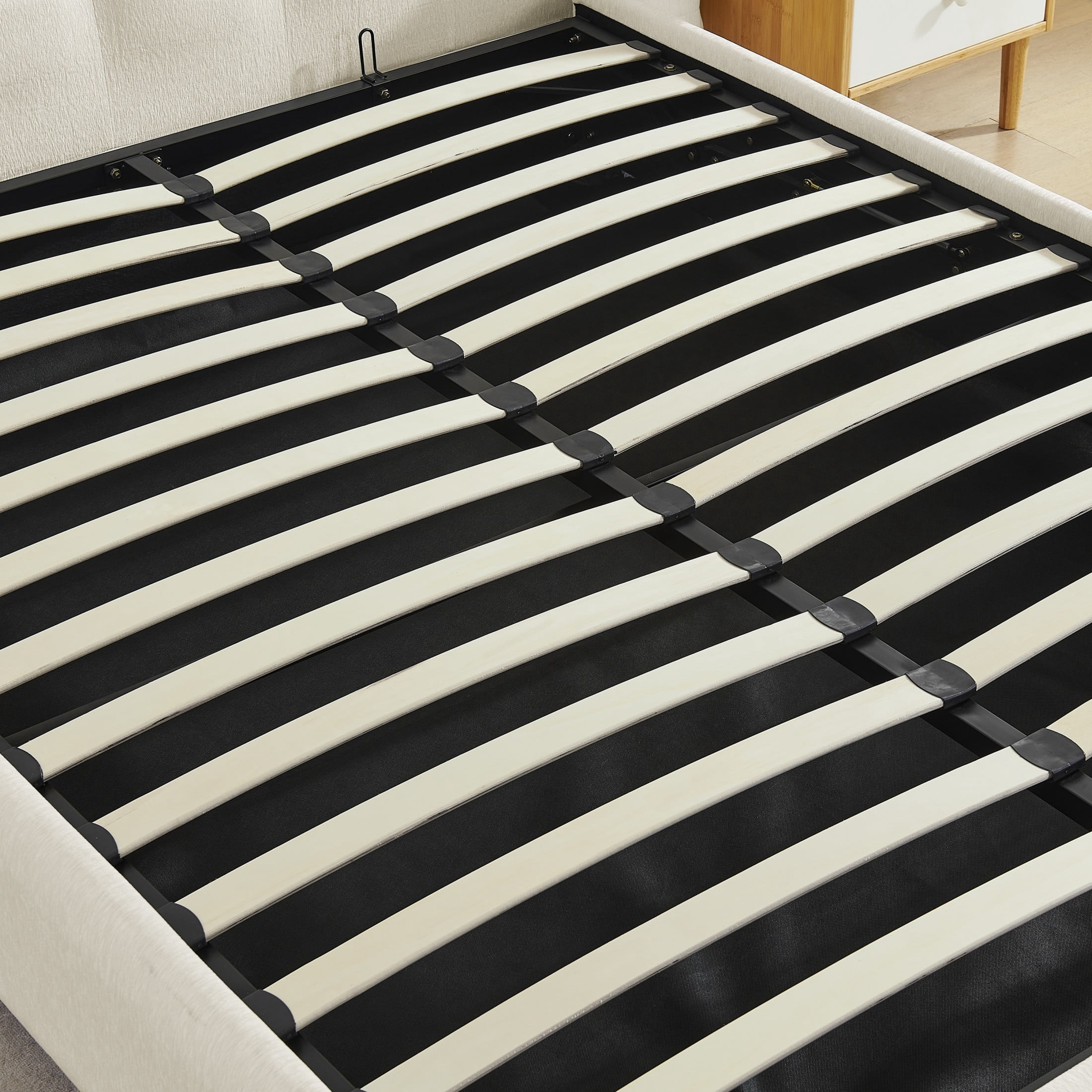 Noble House Elite Queen Size Upholstered Platform Bed with Removable Chenille Wingback and Under-Bed Storage, White