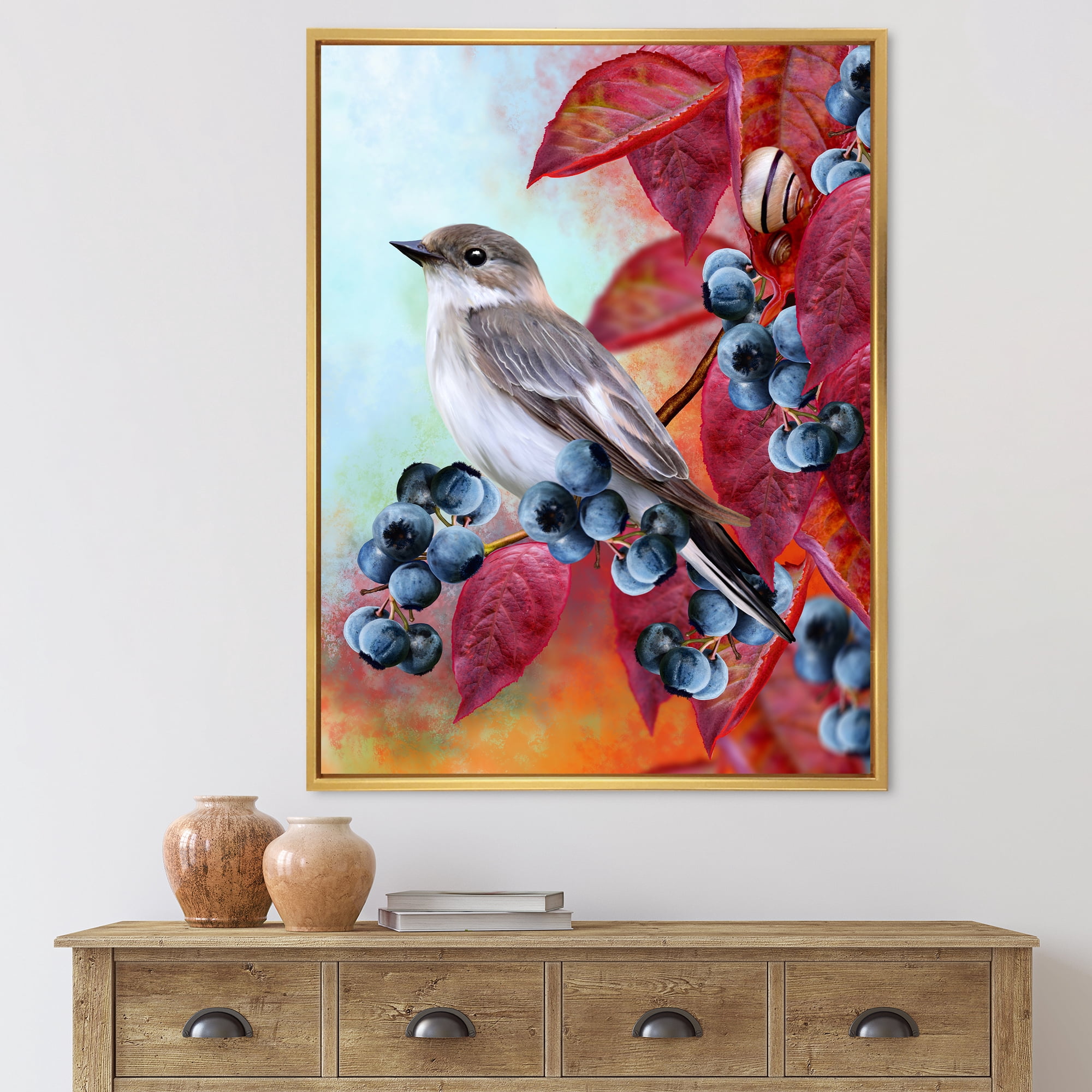 Designart 'Close Up Little Gray Bird On Red Autumn On Blueberry Twig' Traditional Framed Canvas Wall Art Print