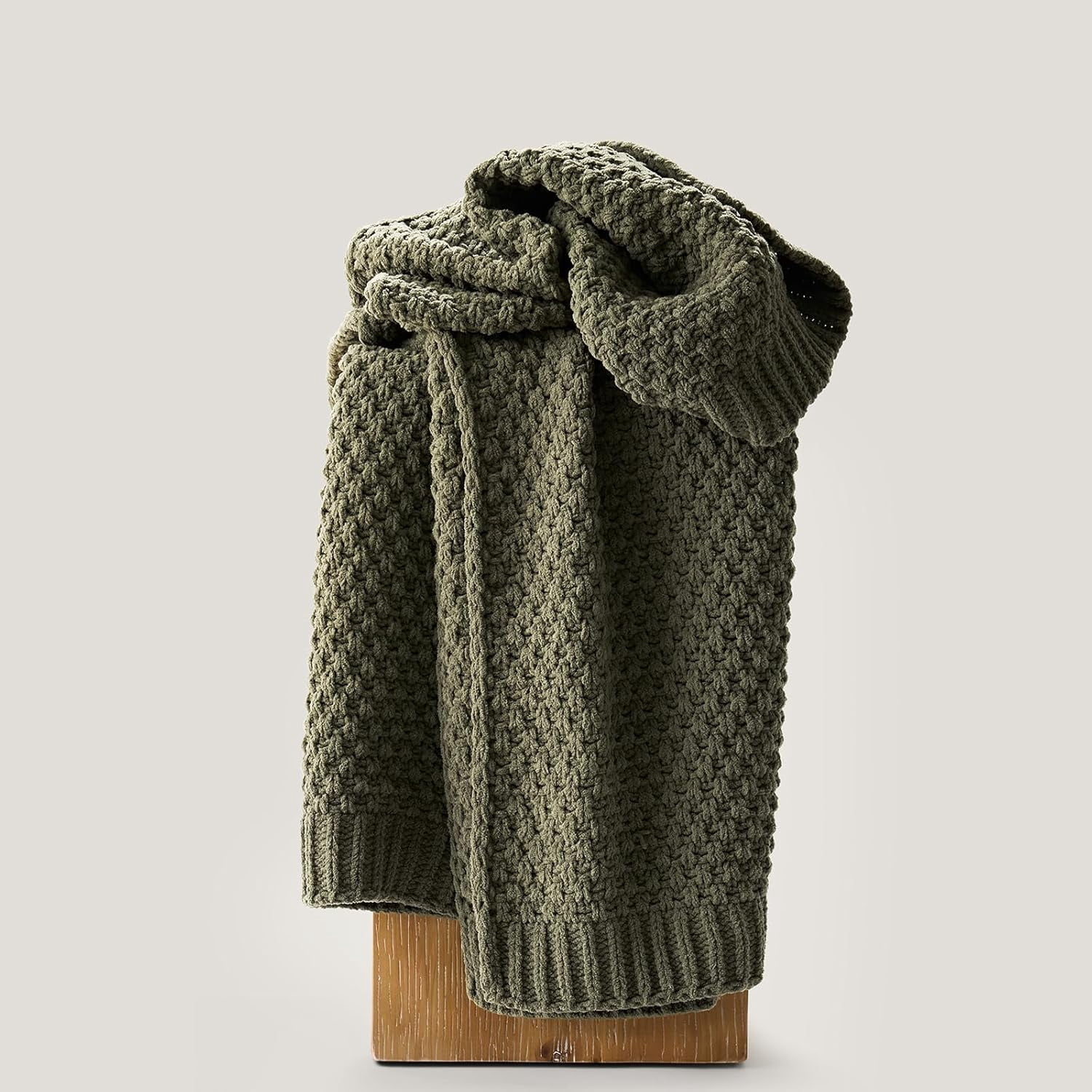 EVERGRACE Chunky Chenille Knit Throw Blanket for Couch, Soft Luxurious Moss Stitch Blankets for Bed, Cozy Decorative Farmhouse Knitted Throws for Sofa, Olive Green, 50" x 60"