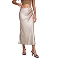 thumbnail image 2 of ClodeEU Women's High Waisted Satin A Line Skirt with Pleated, Elegant Solid Color Midi Skirt Beige,Womens Plus S, 2 of 8