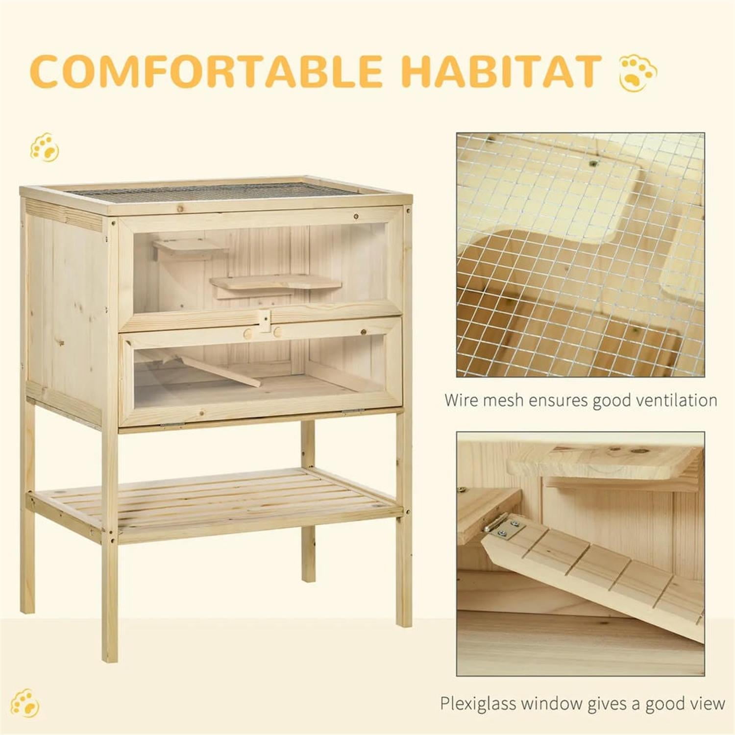 Kadyn 23" Wooden 3-Tier Hamster Cage with Openable Top, Front Door, Shelf, Large Small Animal Habitats for Guinea Pig Cages, Beige