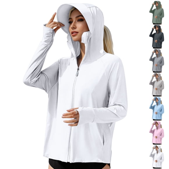 YOUYEDIAN Sun Protection Clothing Women Summer Hiking Athletic Lightweight Jacket UPF 50 UV Protection Hoodie Long Sleeve Hooded Zip Up Shirts (White, One Size)