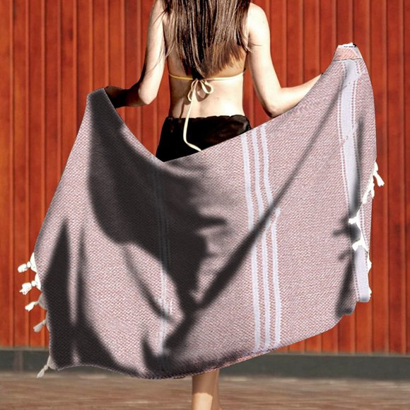 Serviette de Bain Pur Turc Anti-Sable à Pompons Serviette de Plage Adulte Châle d'Extérieur Rayé Serviette de Sauna