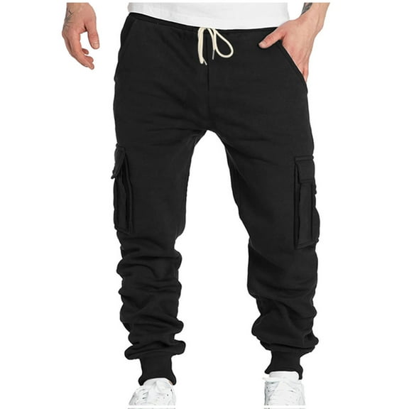 HOOMEUMY Men's Cargo Sweatpants Open Bottom Sweat Pants for Men Drawstring Athletic Gym Sweatpants Lounge Pants Multi Pockets Black 6