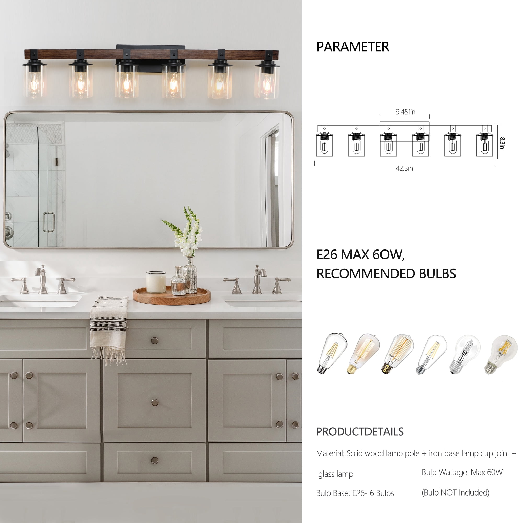 Leumius 6-Light Bathroom Vanity Light, Industrial Wall Sconce with Glass Shades and Wood Accent, Modern Farmhouse Lighting Fixture for Mirror, Bathroom, Bedroom and Hallway Walnut (No Bulbs)