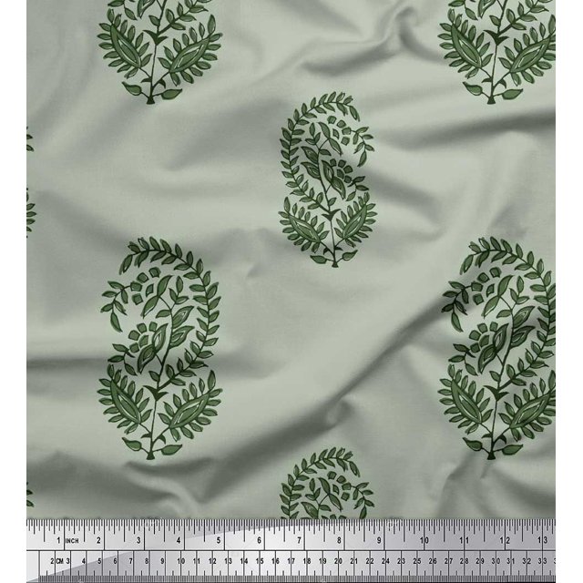Soimoi Modal Satin Fabric Leaves Block Print Sewing Fabric Yard 42 Inch Wide