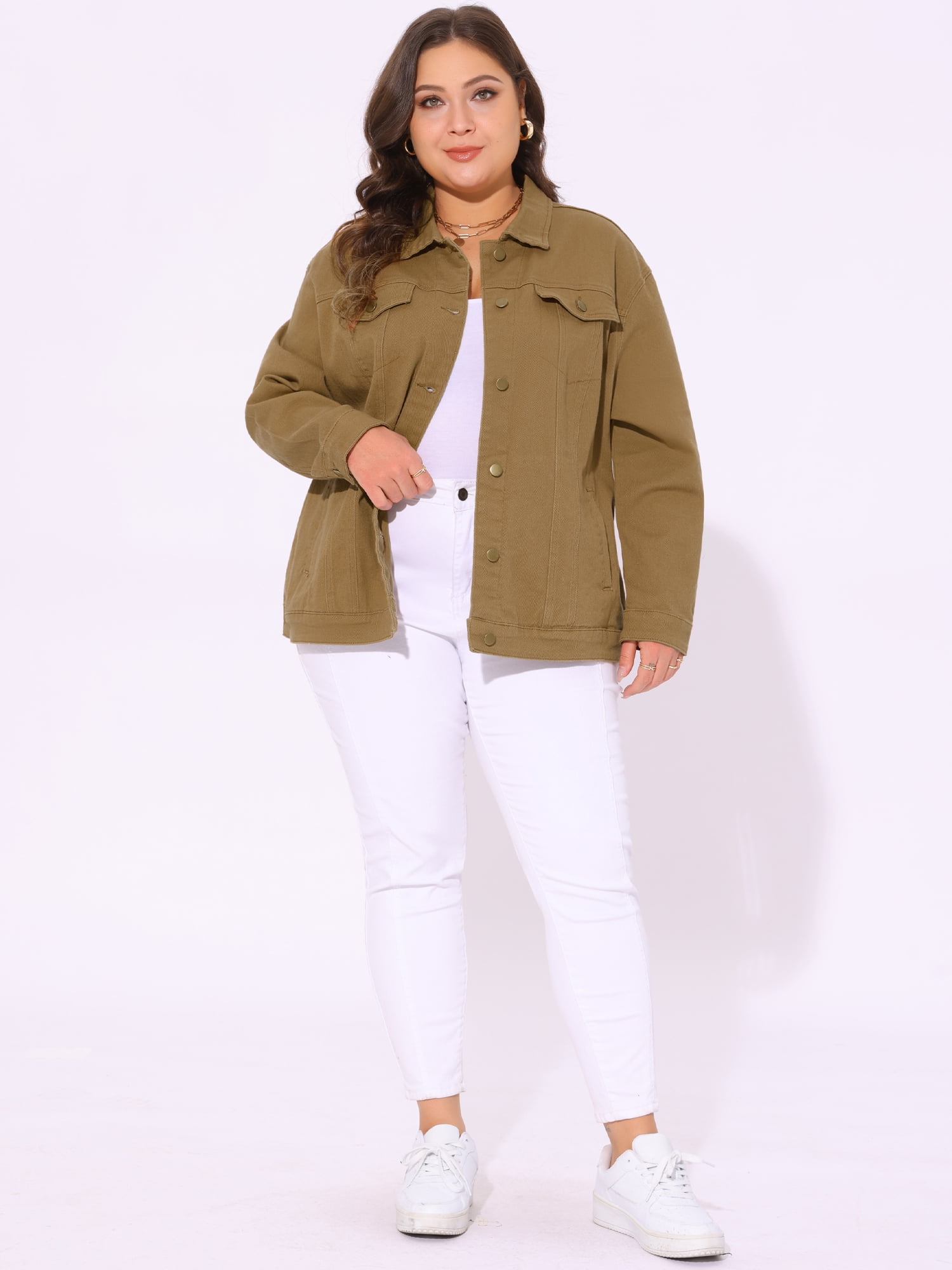 DARING DIVA Women's Plus Size Long Sleeve Button Front Washed Denim Jacket 4X Light Brown