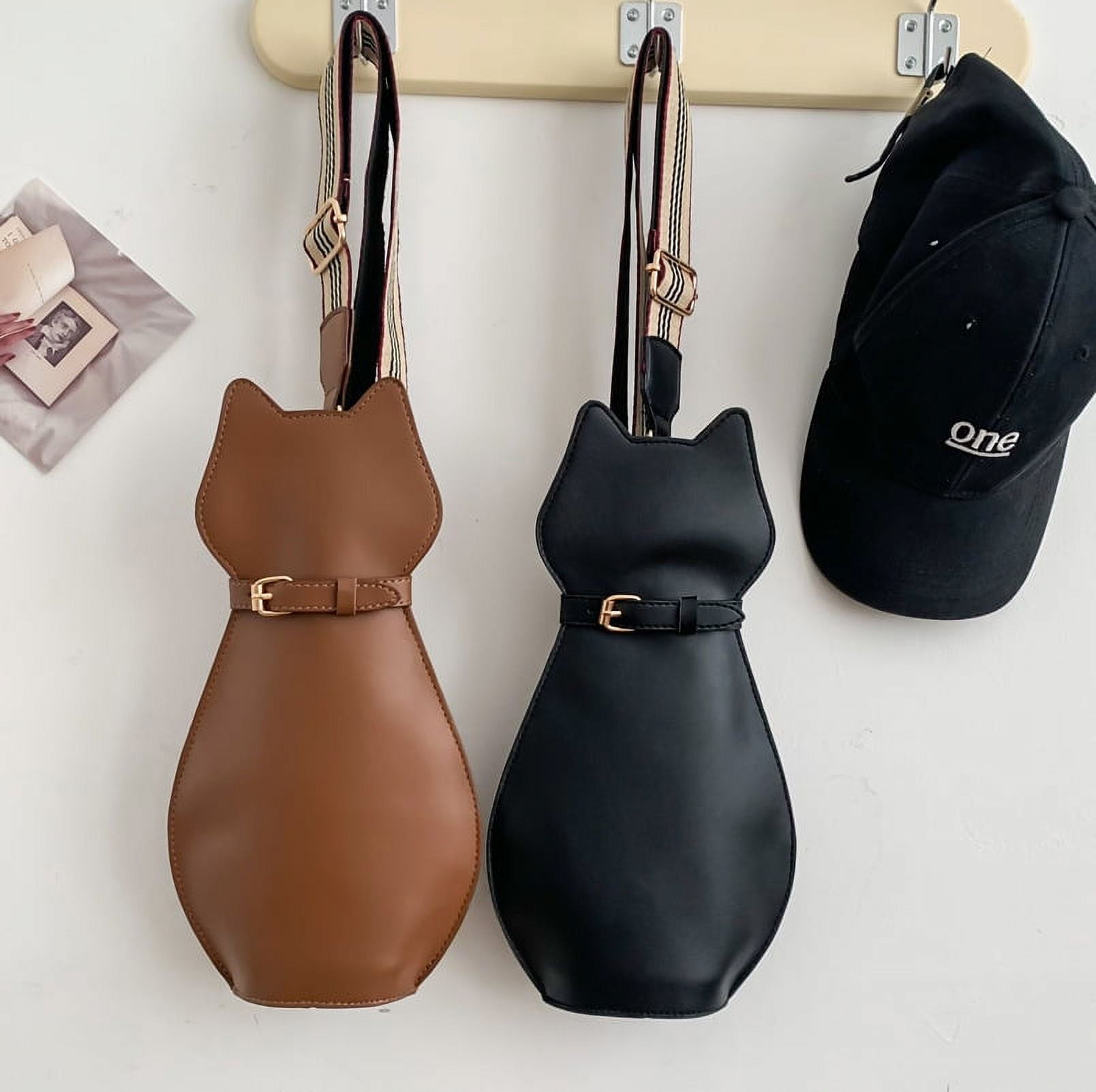Baguery Cute Cat Shaped Crossbody Bag - Creative Wide Strap Chest Bag, Cartoon Novelty Purse for Sports & Travel