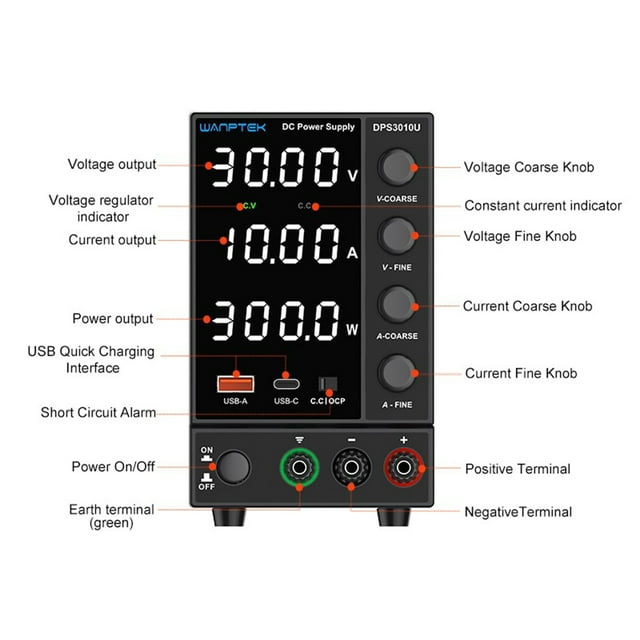 Wantek Regulado DPS3010U 0-30V 0-10A 300W de Alimentación de CC 4 Dígitos Pantalla LED Alta PrecisioN Mini Fuente de Alimentación AC 115V/230V 50/60Hz