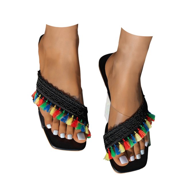 IUJSOY Sandales Plates Boho à Pampilles pour Femmes, à Fleurs Brodées, à Franges, Nœud, Bout Carré, à Enfiler