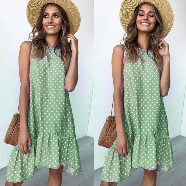 Vestidos largos Fnochy para mujer, vestido de verano en liquidación, moda, cuello redondo, sin mangas, lunares, suelto, vestido con volantes grandes