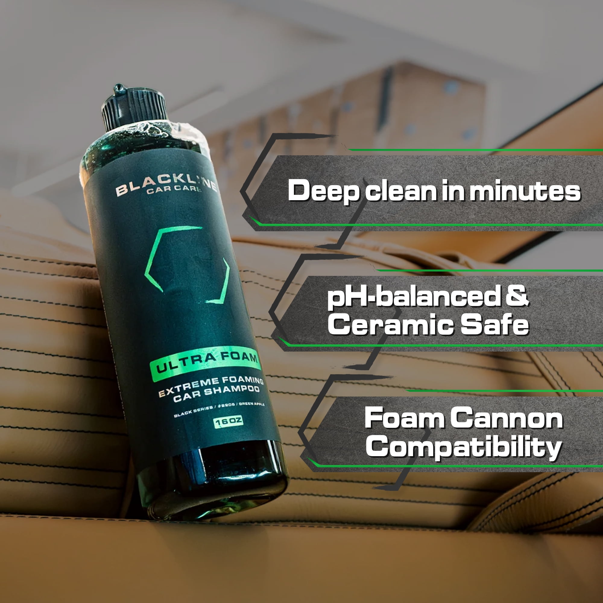 Blackline Automotive Extreme Foaming Car Shampoo - Extreme Ultra Foam Perfect for Ceramic Coatings - Compatible with Foam Cannon for Pressure Washer (64 Fl Oz, Green Apple)