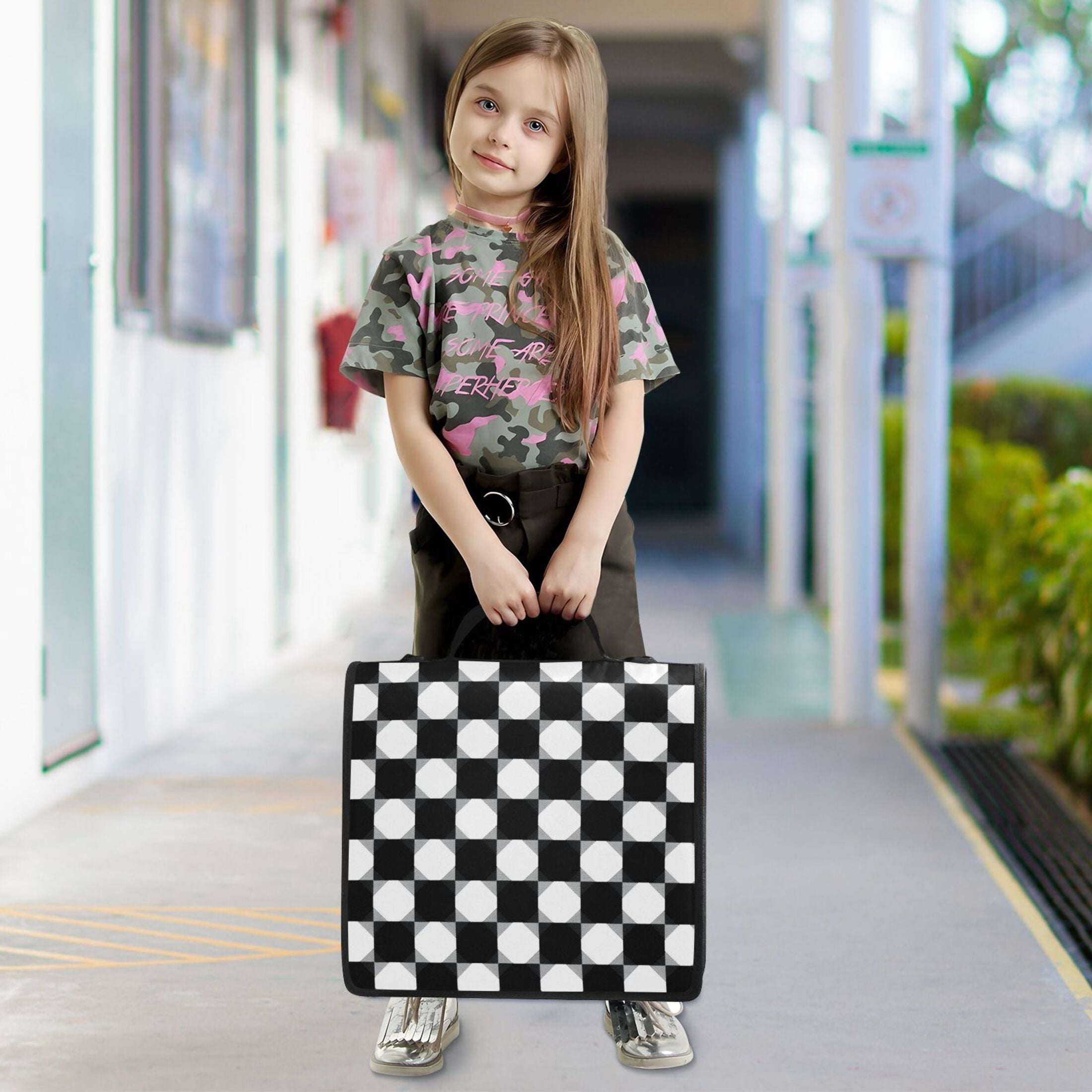 Water-Resistant 3-Ring Binder Organizer with Multiple Pockets Zipper Binder Bag for Office Black and White Gingham Pattern