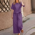 thumbnail image 2 of Honeeladyy Womens Summer 2 Piece Outfits Crew Neck Short Sleeve Wide Leg Long Pants Lounge Sets with Pockets Purple XL, 2 of 6