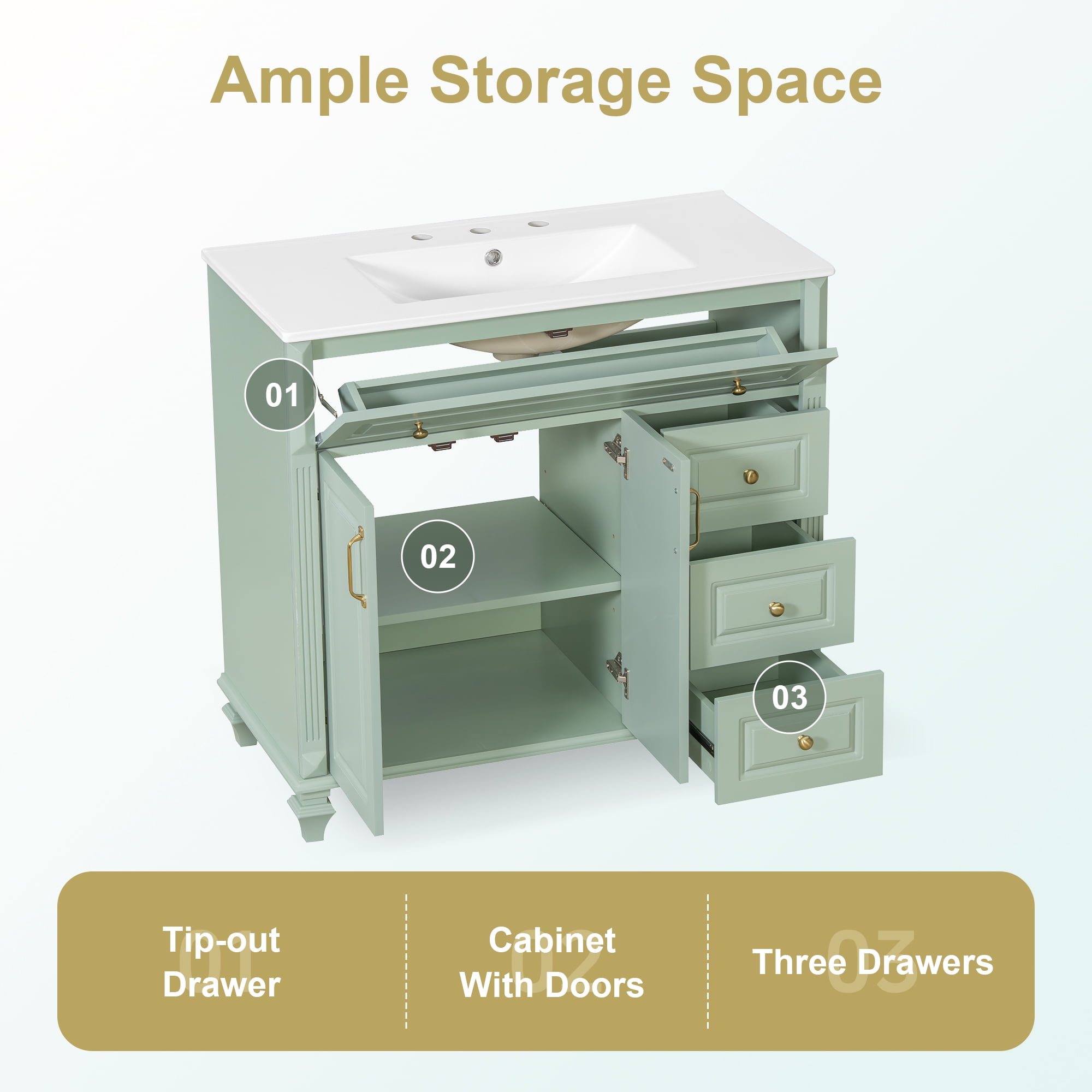 Euroco 36" Bathroom Vanity with Sink, Green Solid Wood Bathroom Cabinet with Flip Drawer, 3 Drawers & 2 Doors, Elegant Design with Golden Metal Handles, Modern MDF Vanity