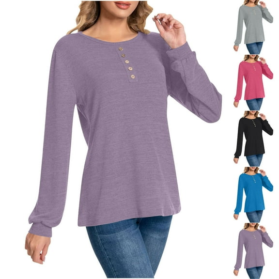 Ashirexll Womens Long Sleeve Tops Casual Winter Tops for Round Neck Pullover Button Down Casual Comfortable Blouse