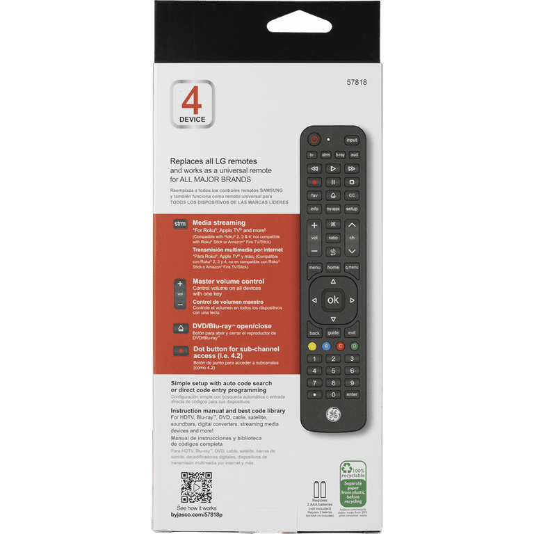 GE 4-Device LG Direct Replacement Universal TV Remote Control in