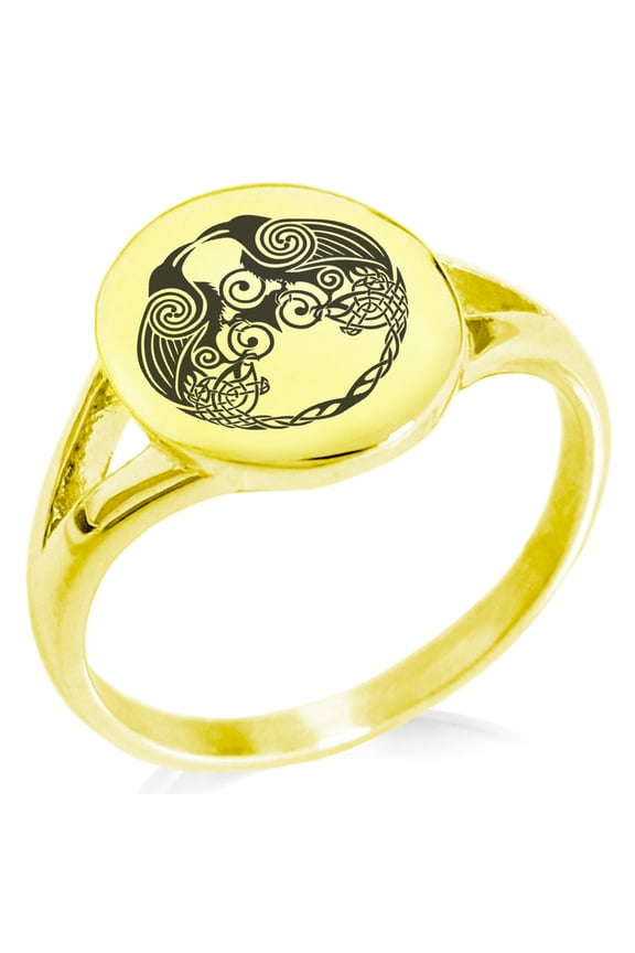 Stainless Steel Yggdrasil Huginn & Muninn Odin's Ravens Minimalist Oval Top Polished Statement Signet Ring